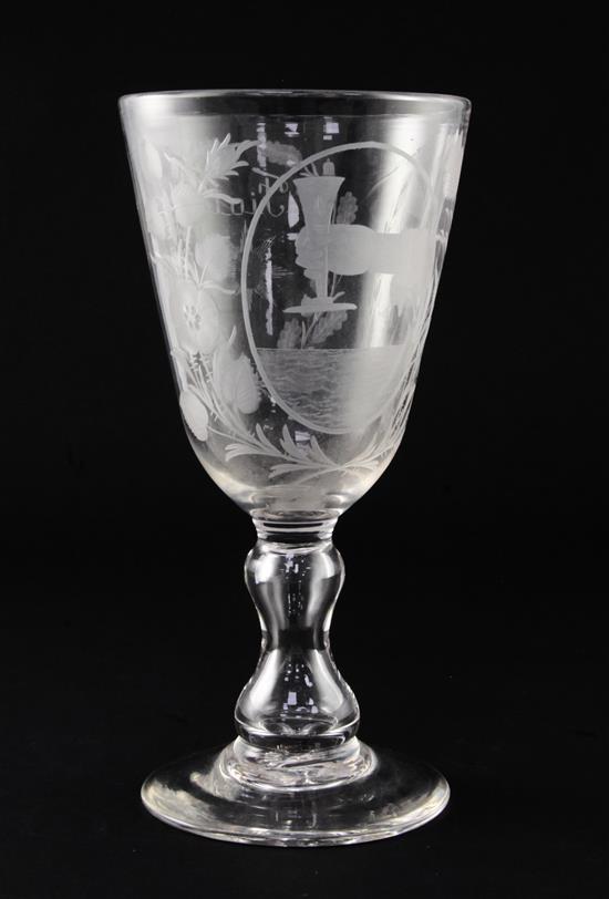 A Jacobite inspired wheel engraved glass goblet, late 19th / early 20th century 23.2cm
